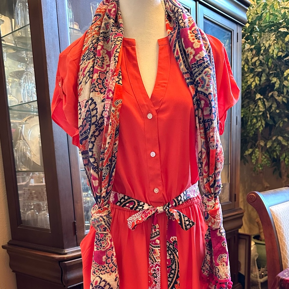 Tommy Hilfiger Coral Button-Front Dress with Printed Scarf Detail - Picture 11 of 11
